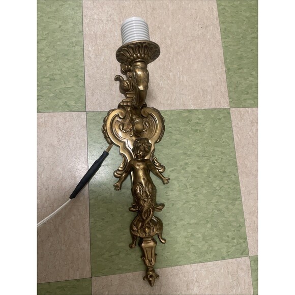 Vintage Heavy Bronze Cherub Angel Wall Sconce Light Hollywood Regency Lamp - Picture 2 of 14